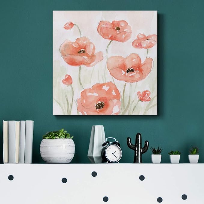 Wexford Home Square Premium Gallery Wrapped Canvas Flower Multicolor Wall Art Abstract Floral Romance Modern Pictures Print for Home Office, Ready to Hang, Spring Poppies II, 16x16