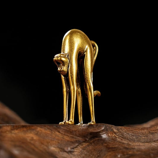 CHOVY Retro Handcrafted Stretching Cat Sculpture - 100% Solid Brass Elegant Desk & Tabletop Decor, Collectible Art Ornament for Home & Office | Unique Gift for Cat Lovers