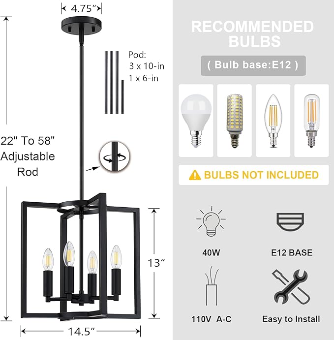 Leading Lighting 4 Light Rustic Kitchen Island Farmhouse Hanging Chandelier Light Fixture,with Black Finish Metal Frame for Entryway Dinning Room Bedroom