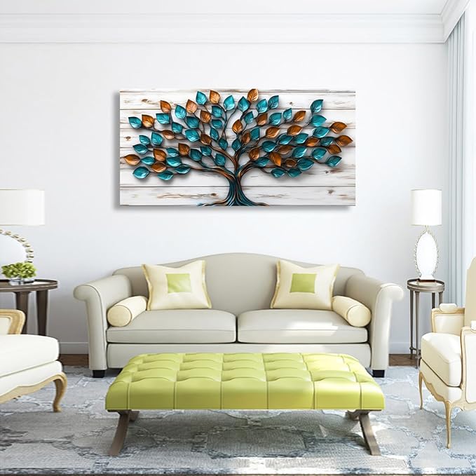 Tree of Life Teal Gold Tree Leaves Pictures Canvas Wall Art for Living Room Office Bedroom Abstract Wall DecorArt Print Paintings Modern Metal Tree Wood Plank Artwork Waterproof to Hang-20x40inch