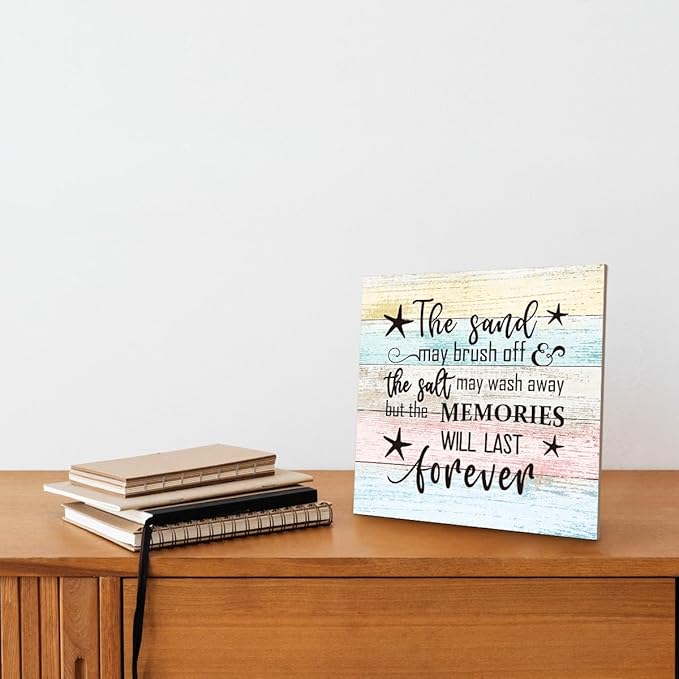 Beach Wood Sign, “The Sand May Brush Off the Salt May Wash Away but the Memories Will Last Forever”, Wooden Plaque Table Art Sign, Ocean Theme Home Decorations, Coastal House Decor, Family Sign A