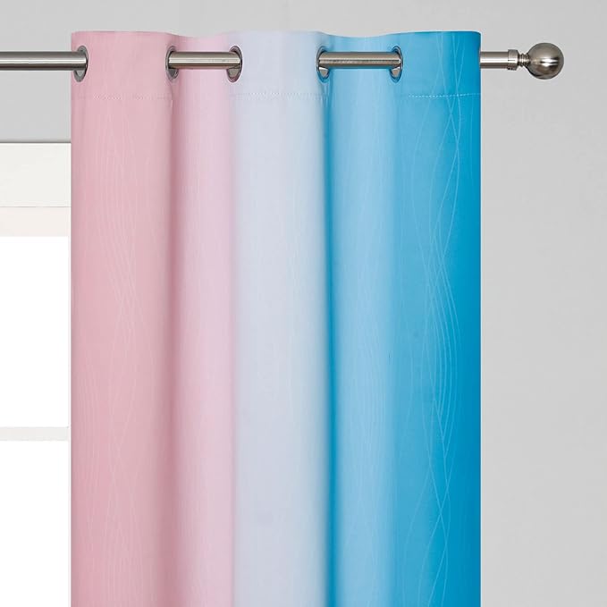 Estelar Textiler Pink and Blue Curtains 63 Inch Length 2 Panels, Ombre Total Blackout Curtains for Bedroom, Grommet Thermal Insulated Gradient Blackout Drapes for Kids Room, 42x63 Inch