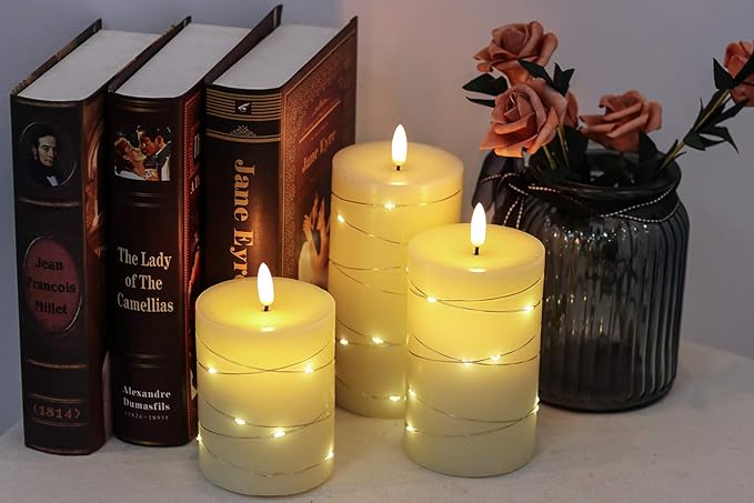 Eldnacele Flameless Candles Battery Operated with Remote and Timer, 3D Wick Flickering Embedded String Lights Real Wax LED Pillar Candles Christmas Holiday Dinner Decor Set of 3 (D3”x H4” 5” 6”)