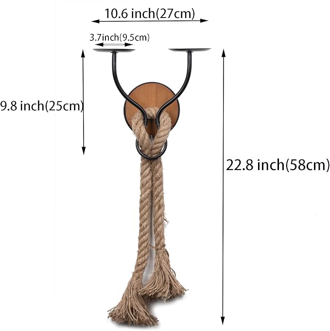 Aimto Wall Sconce Candle Holder Wall-Mount Metal and Wooden Candle Holders Hanging Iron Wall Candle Sconce Holder and use Hemp Rope Decoration,for Home,Living Room, Bathroom, Dining Room, Set of 2