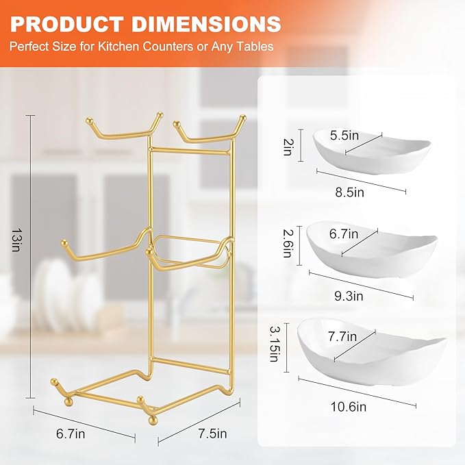 3 Tier Ceramic Fruit Bowl Basket for Kitchen Counter, Fruit Serving Bowls with Metal Stand, Tiered Fruit Basket for Fruit Vegetable Storage, Snack, Nuts, Cake, Dessert - Gold