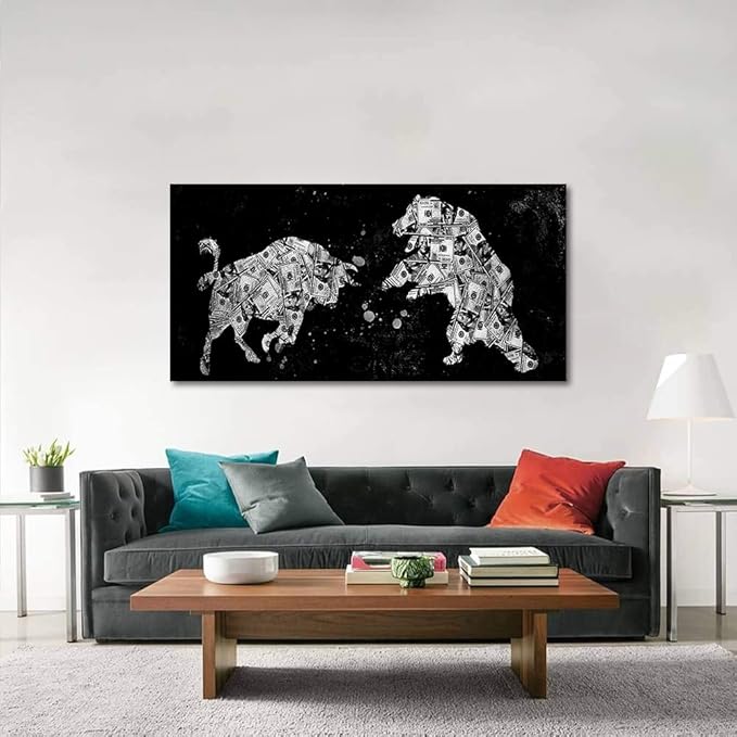Extra Large Size Money Canvas Art Creative Bull vs Bear Money Canvas Artwork Black and White Inspirational Abstract Money Bull vs Bear Artwork for Gym Coffee Shop Decor Framed Easy to Hang-48 Wx24 H