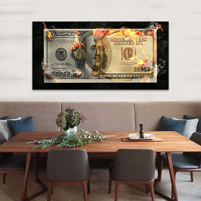 Large Canvas Money Artwork for Home Walls Flame Burning 100 Money Wall Art Creative Wall Pictures for Office Abstract Money Art Print Farmhouse Bathroom Bar Wall Decor Gallery Wrapped-48"Wx24"H