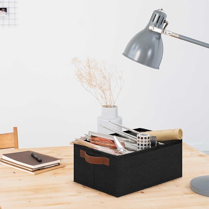 GhvyenntteS Small Fabric Storage Bins 12 Pack, 11.8" x 7.87" x 5.11" Storage Basket with Leather Handles, Closet Storage Bins for Shelves, Storage Baskets for Shelves, DVD Storage (Black)