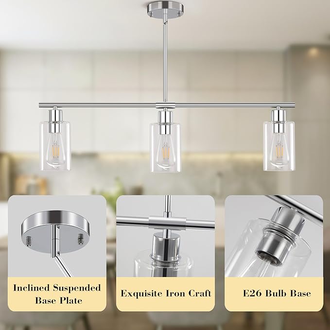 Kitchen Island Lighting, 3 Lights Linear Chandeliers Rectangle Pendant Light Fixtures for Dining Room Farmhouse Hanging Light with Glass Shades(Chrome)