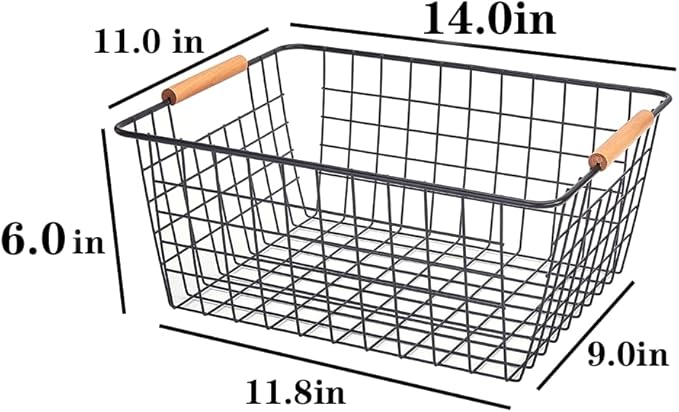 LeleCAT Large black wire baskets for Organizing with Wooden Handles for storage pantry, Storage Organizer Baskets, Household Snack Basket for Cabinets, Closets, Bedrooms, kitchen - Set of 2（Black）