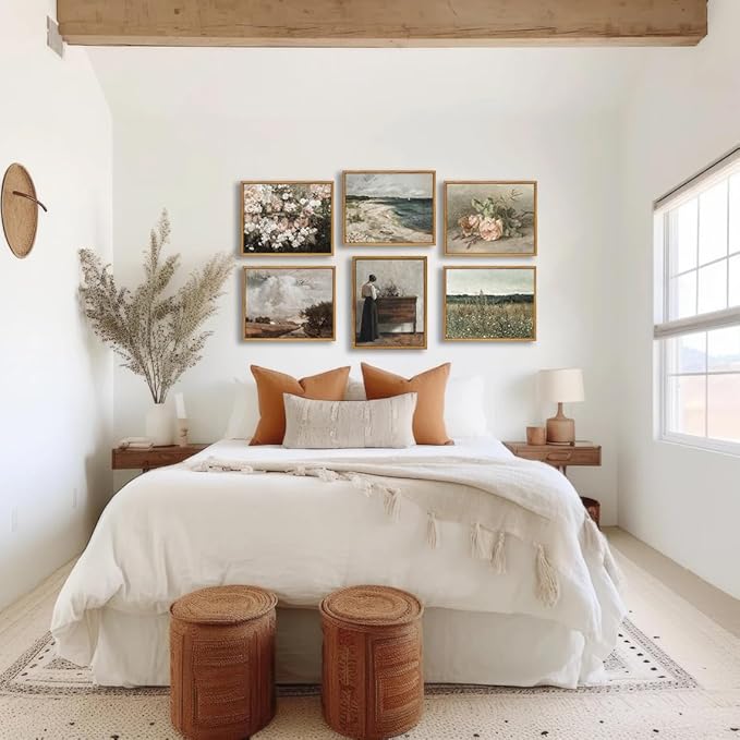 KBKBART Vintage Wall Art, Retro Coastal Seaside Beach House Framed Canvas Art Prints Painting Farmhouse Decor, Rustic Impressionism Scenic Landscape Wall Decor for Bathroom, Bedroom Living Room,