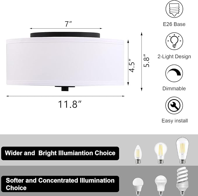 2-Light Flush Mount Ceiling Light Fixture, 12” Modern Close to Ceiling Light with White Fabric Linen Drum Shade, Round Ceiling Light for Bedroom Hallway Living Room Bathroom Dining Kitchen