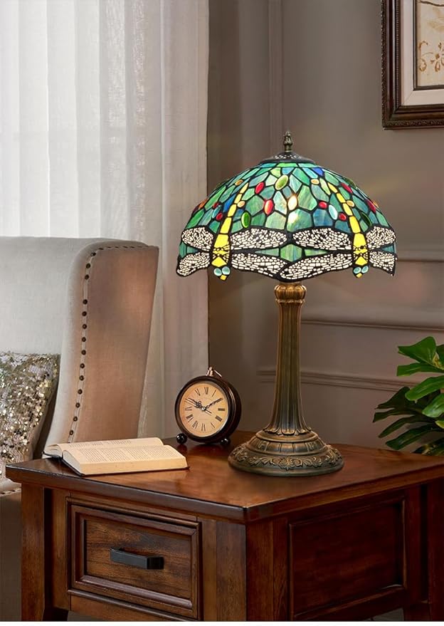 Tiffany Style Stained Glass Table Lamp 12 Inch Blue and Green Dragonfly Reading Bedside Lamp Suitable for Study Dormitory Bedside Coffee Shop Retro Table Lamp Home Decoration Art