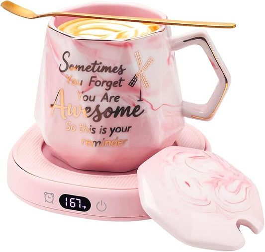 Coffee Mug Warmer & You are Awesome Mug Set, Smart Heated Electric Cup Warmer for Desk Office, 4 Temperature Control Beverage Tea Coffee Warmer, 8 Hrs Auto Shut Off Candle Plate, Ideal Gifts for Women