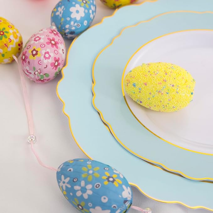 WDF 30Guest Mint Green Plastic Plates & Disposable Gold Silverware With Green Handle-Baroque Green &Gold Plastic Dinnerware for Upscale Party/Picnic/Birthday