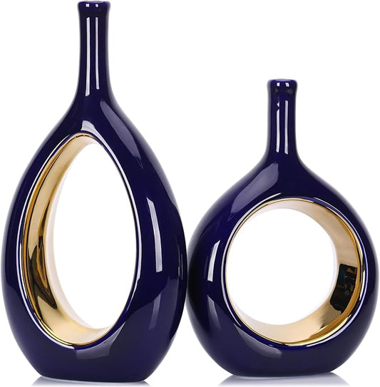 Blue and Gold Vase Ceramic Blue Vases Home Decor,Modern Minimalist Circle with Hole Decorative Vase, Hollow Ellipse Flower vases for Bookshelf, Fireplace Mantle, Centerpieces,Farmhouse,Rustic Décor