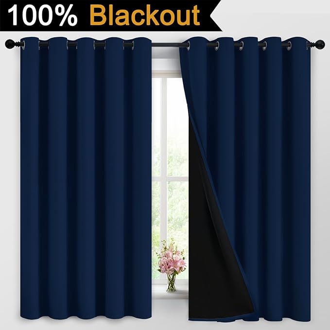 Yakamok Navy Blue 100% Blackout Curtains Energy Saving Thermal Insulated 2 Thick Layers Completely Blackout Drapes with Black Liner for Bedroom (62Wx63L, Navy Blue, 2 Panels)