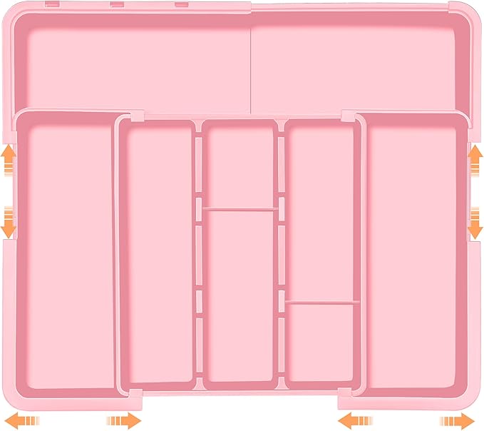 Large Utensil Drawer Organizer Expandable Silverware Organizer for Kitchen Drawer Adjustable Cooking Utensil Holder Cutlery Flatware Tray Spatula Tools Gadgets Storage Dividers Plastic Pink