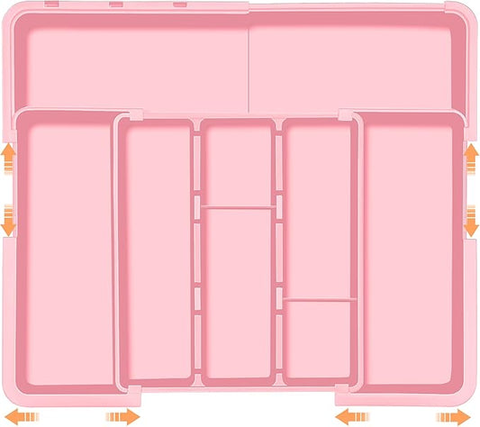 Large Utensil Drawer Organizer Expandable Silverware Organizer for Kitchen Drawer Adjustable Cooking Utensil Holder Cutlery Flatware Tray Spatula Tools Gadgets Storage Dividers Plastic Pink