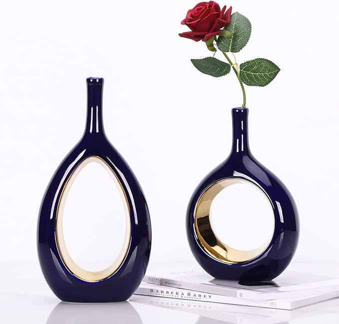 Blue and Gold Vase Ceramic Blue Vases Home Decor,Modern Minimalist Circle with Hole Decorative Vase, Hollow Ellipse Flower vases for Bookshelf, Fireplace Mantle, Centerpieces,Farmhouse,Rustic Décor