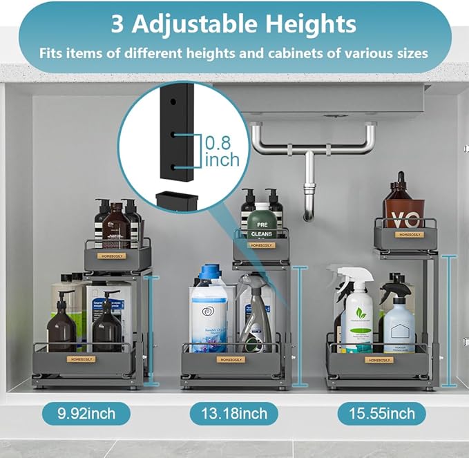 Under Sink Organizer Kitchen, 2 Tier Under Sink Organizers and Storage, Pull out Cabinet Organizer Shelf, Metal Drawer for Kitchen Bathroom Pantry Cabinet Closet Organization Rack, Black, 1 Pack