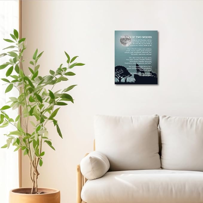 Wolf Wall Art: The Tale of Two Wolves - Native American Inspirational Quote Canvas Poster, Decor and Gifts (10x12 inch)