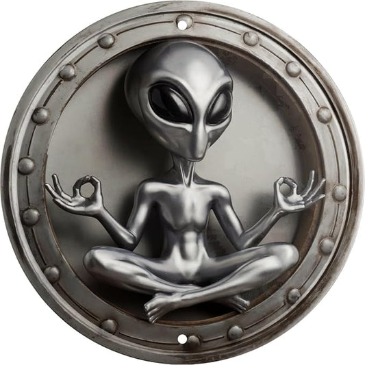 Alien Yoga Metal Wall Art Round Vintage Extraterrestrial Meditation Decorative Sign Home Decoration Unique Sci-Fi Theme Decor Room Decor 8x8 In