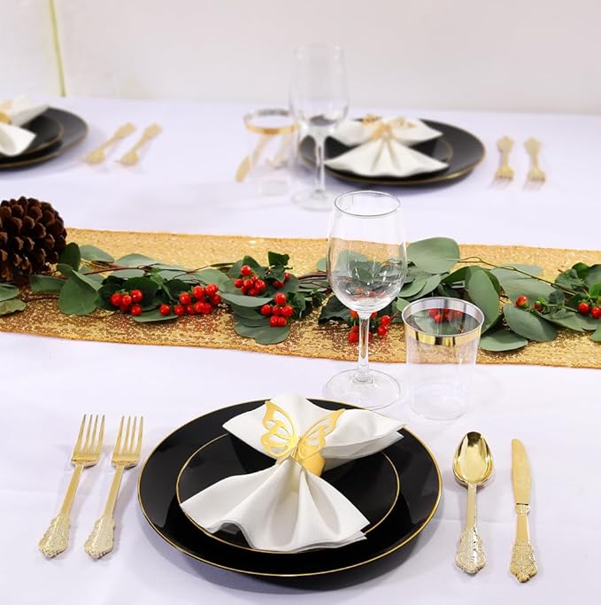 Nervure 100PCS Black and Gold Plastic Plates - 10.25 inch Black Disposable Plates - Gold Rim Dinner Plate - Black Dinner Plate Ideal for Wedding & Party & Halloween