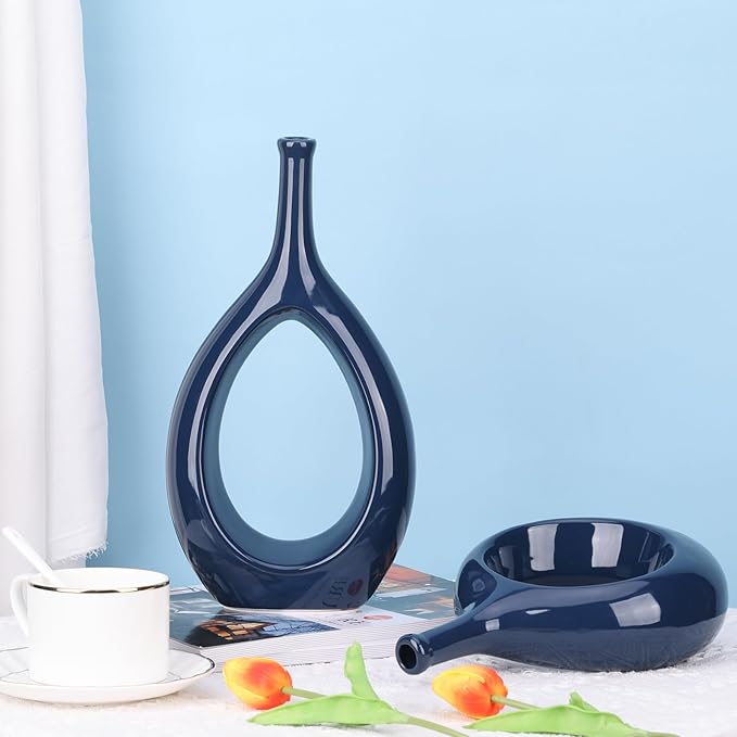 Navy Blue Vase Ceramic Blue Vases Home Decor,Modern Minimalist Circle with Hole Decorative Vase, Hollow Ellipse Flower vases for Bookshelf, Fireplace Mantle, Centerpieces,Farmhouse,Rustic Décor