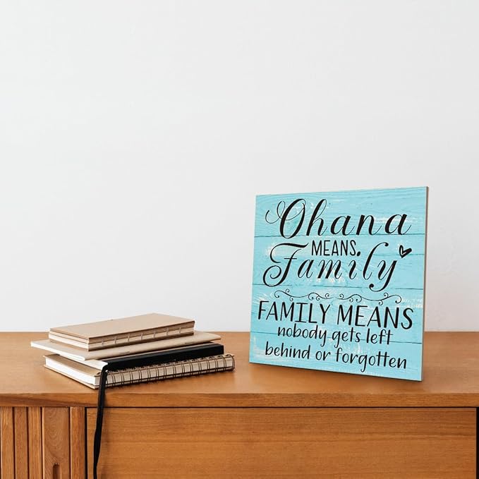 Family Wooden Plaque, “Family Means Nobody Gets Left Behind or Forgotten”, 6.2x6.2 Inch Table Art Sign, Farmhouse Quote Decor for Living Room or Home Tabletop E