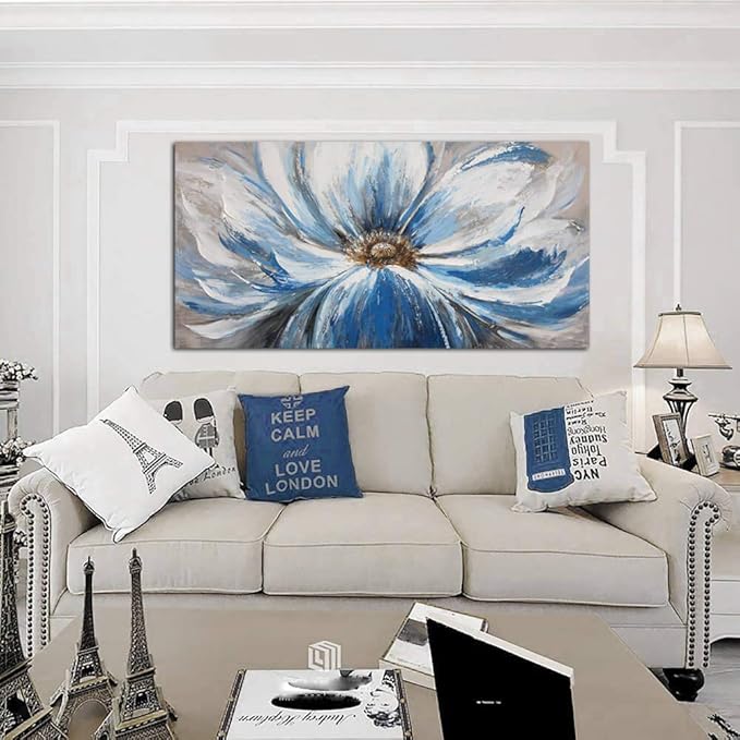 Flower Canvas Wall Art for Living Room Large White Blue Flower Picture Giclee Print Painting Wall Decor Framed Artwork Ready to Hang for Home Bedroom Wall Decoration Size 24x48
