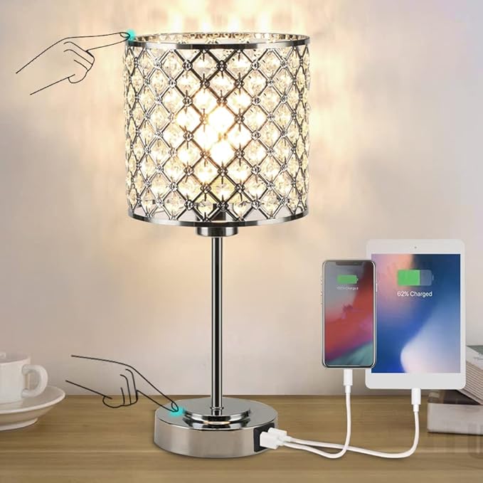 Crystal Table Bedside Lamp Touch Control, 3-Way Dimmable Small Nightstand Lamp Set of 2 with USB-C+A Charging Ports, Decorative Silver Tabletop Lamp for Bedroom Living Room Guest Room, Bulbs Included
