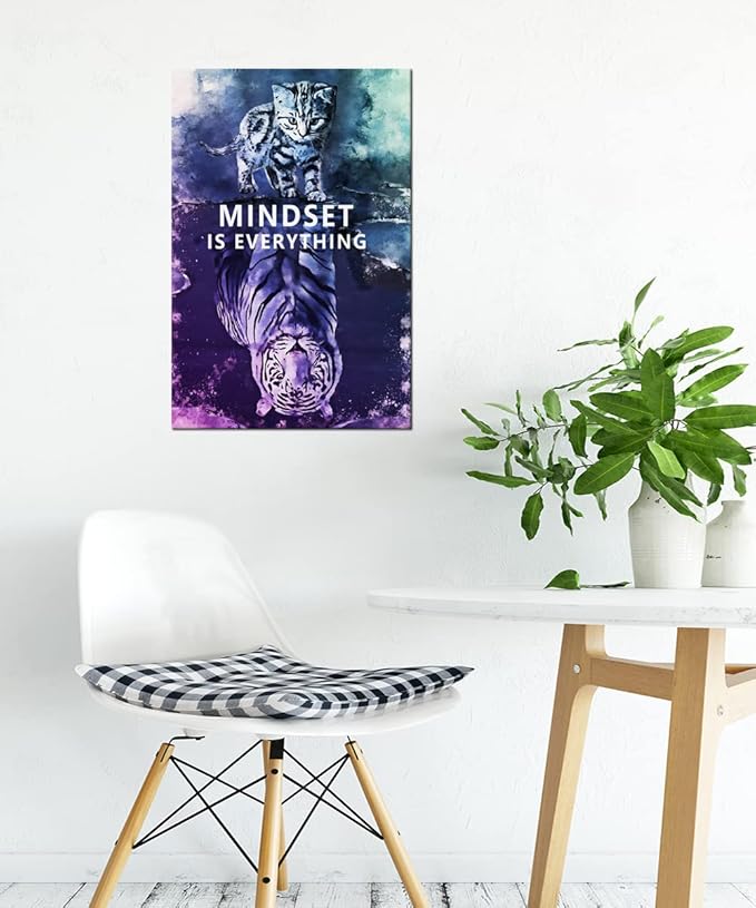 Mindset is Everything Cat and Tiger Canvas Wall Art Pictures Print Wall Art Inspirational Poster Picture Wall Painting Modern Abstract Motivational Artwork Decor Home Living Room Office[12''W X 18''H]