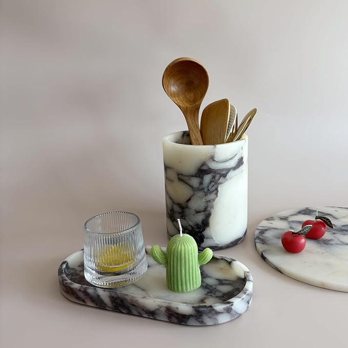 Handmand Natural Marble with Holes Stone Vintage Kitchen Utensil Holder - 5.1" D X 6.3" H Kitchen Counter Organizers and Storage Tool Crock (Calacatta Purple Marble)