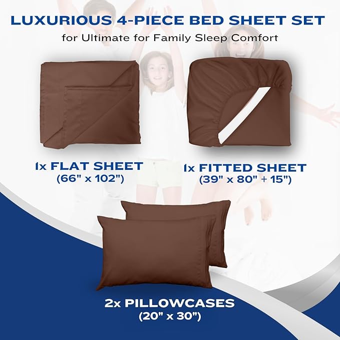 DREAMCARE Twin XL Sheets Set - 4 Pcs Cooling Bed Sheets with Up to 15" Deep Pockets - Soft, Long-Lasting 100% Brushed Polyester with Side Pocket (Mocha Brown)