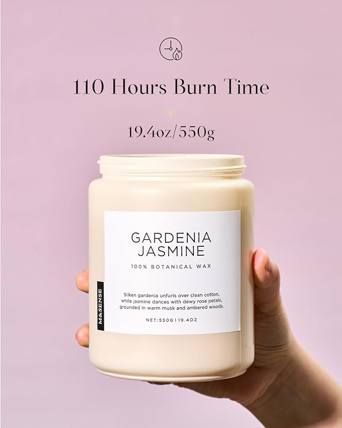 M&SENSE Gardenia Jasmine Scented Candle, 110 Hours Slow Burning Clean Non Toxic 19.4oz 2 Wicks Highly Scented Aromatherapy Candle for Housewarming Gifts, Long Lasting Fragrance for Bath & Office