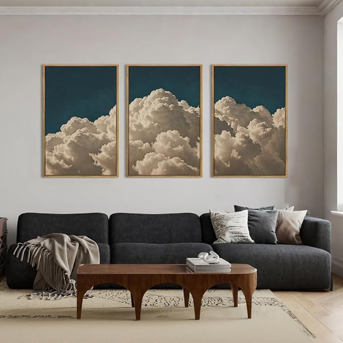 IARTTOP Extra Large Cloud Canvas Wall Art 24x36 Inch Framed Abstract Modern Landscape Wall Decor Navy Blue Sky Painting Set of 3 for Bedroom Living room