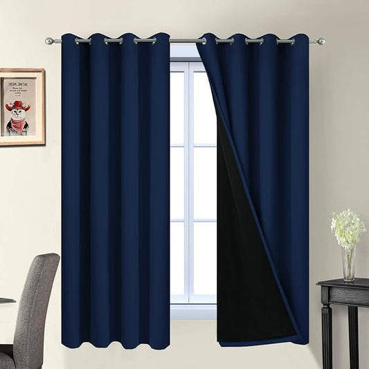Yakamok Total Blackout Curtains, 2 Thick Layers Completely Blackout Thermal Insulated Drapes with Black Liner for Bedroom(52Wx63L, Navy Blue, 2 Panels)