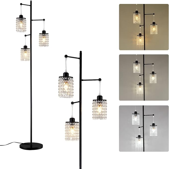 beaysyty Art Decor Crystal Black Floor Lamp 3-Light Contemporary Crystal Lampshade for Living Room,Bedroom,Office