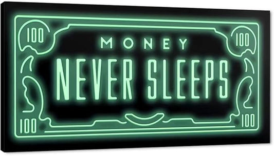 Framed Inspirational Office Wall Art, Money Posters Green 100 Dollar Artwork Money Never Sleeps Quote Wall Decor Motivational Picture for Modern Home Workplace Decorations - 32 x 16 in