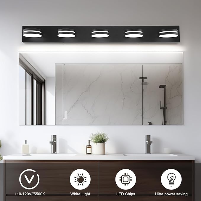 5 Light Bathroom Vanity Light, 30W LED Black Bathroom Light Fixtures Over Mirror, Dimmable Bath Lights, Wall Sconce Light with Milky White Acrylic Shades, Rotatable Lights Head