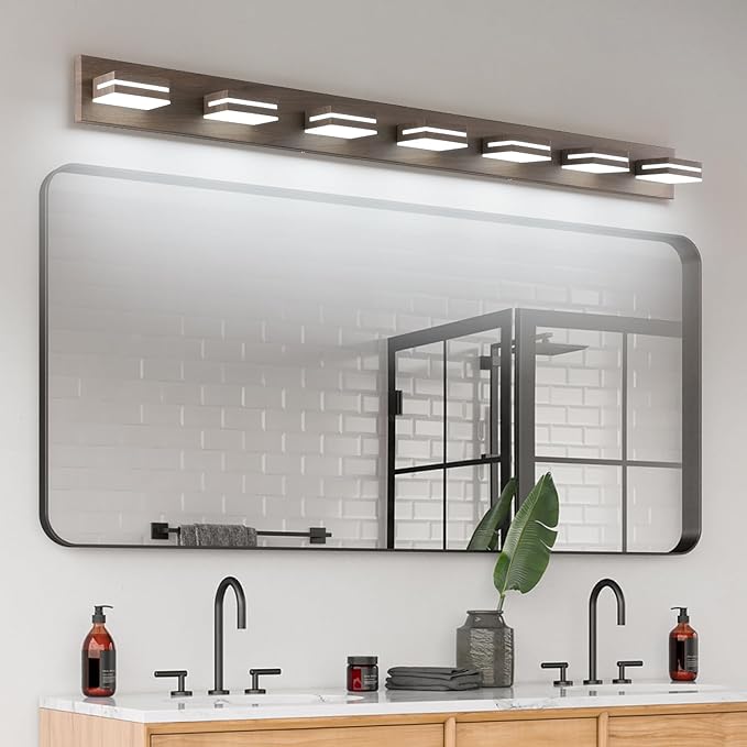 SineRise LED Modern Bathroom Vanity Light Fixtures (7-Light, 55-Inch), Brown Wood Painted Modern Acrylic Bathroom Wall Lighting Fixtures Over Mirror (Cool White 6000K)