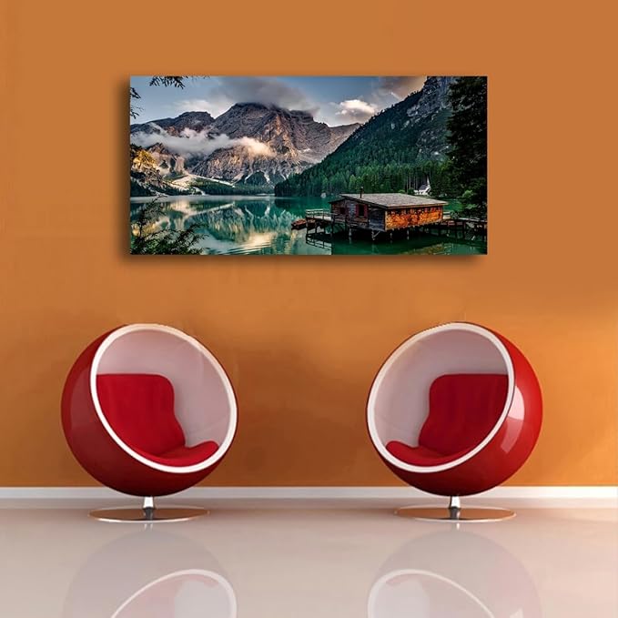 Green Lake Mountain Pictures Canvas Wall Art for Living room Bedroom Wall Decor, Mountain Wall Art Print Paitnings for home Decor,Morden Artwork House in the lake Landscape Canvas Art