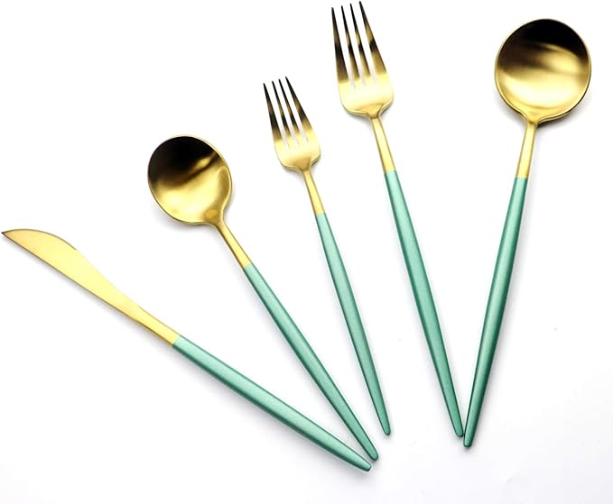 Gugrida Green Gold Flatware, Royal 20 Pieces Matte White Handle 18/10 Stainless Steel Tableware Sets for 4 Including Forks Spoons Knives, Camping Silverware Travel Utensils Set Cutlery (Green Gold)