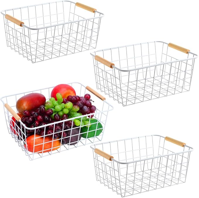 LeleCAT White Wire Baskets for Organizing with Handles，Pantry Organizers and Storage For Kitchen, Household Snack Basket for Cabinets, Closets, Bedrooms,food - Set of 4(White)
