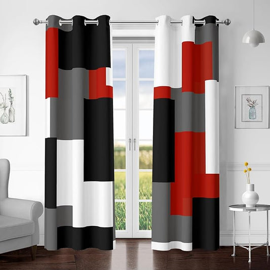 Red Black 100% Blackout Curtains for Bedroom 96 inch Length 2 Panels Set White Grey Modern Abstract Geometric Black Out Curtains Insulated Room Darkening Window Drapes for Living Room, 42Wx96L