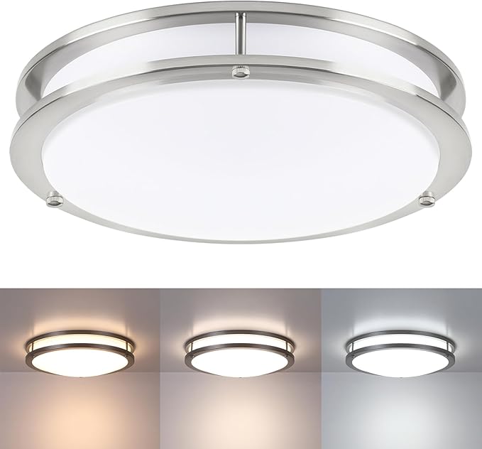 16” Brushed Nickel Flush Mount Ceiling Light Fixture - 16 Inch Brushed Nickel LED Ceiling Light 3000K/4000K/5000K Color Changing Modern Bathroom Fixture for Bedroom,25W