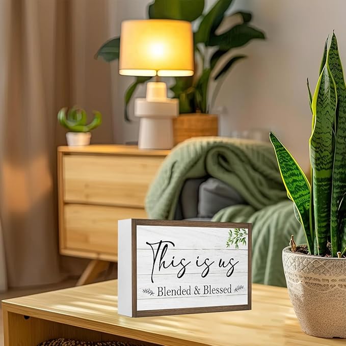 This is Us Blended and Blessed Wooden Box Sign,Families Step Family Decor,Mother's Day Gift Wooden Block Plaque Sign for Mom Stepmom Home Farmhouse Bedroom Shelf Table Wall Decor