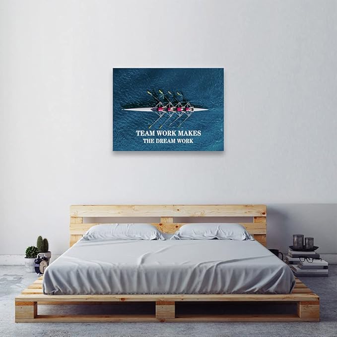 Teamwork Canvas Wall Art Motivational Poster Blue Ocean Rowing Team Picture Positive Success Entrepreneur Quote Office Classroom Bedroom Frame Artwork Ready to Hang[30″W X 40′'H]