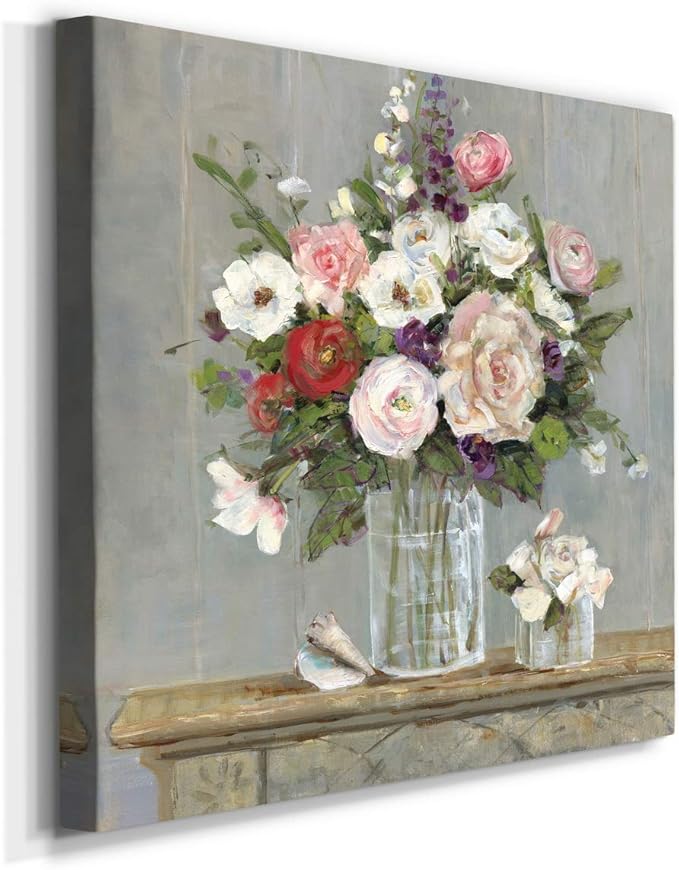 Wexford Home Square Premium Gallery Wrapped Canvas Flower Multicolor Wall Art Abstract Floral Romance Modern Pictures Print for Home Office, Ready to Hang, cottage collection, 16x16